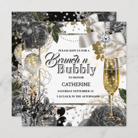 白黒銀バラみすぼらしいシックな泡状グリッター 招待状 (正面/裏面)