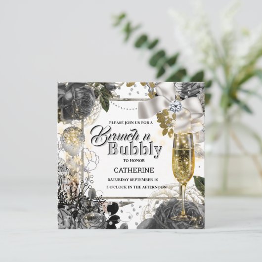 白黒銀バラみすぼらしいシックな泡状グリッター 招待状 (スタンド正面)