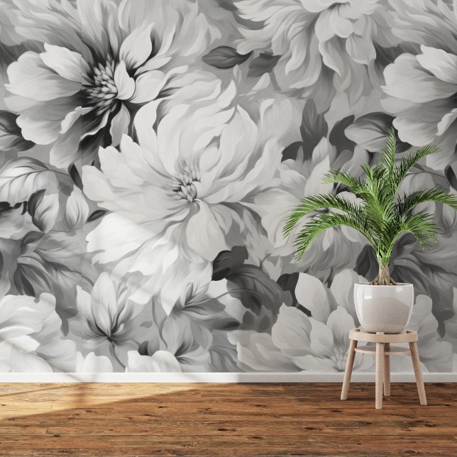 白黒開花：油絵画皮&スティック 壁紙 (Black & White Blooms: Oil Painting Peel & Stick Wallpaper)