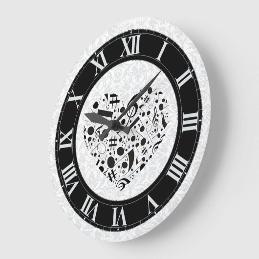 白黒音楽はハートの柱時計に注意します ラージ壁時計 (傾斜)