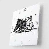 白黒馬の頭 スクエア壁時計 (傾斜)
