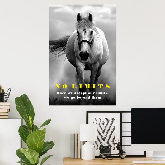 白黒馬やる気を起こさせるNo Limitsアートワーク ポスター (ホームオフィス)