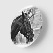 白黒馬スケッチ ラウンド壁時計 (傾斜)