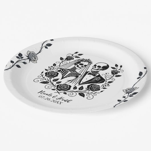 白黒骨格フローラバラ結婚つる植物 ペーパープレート (アングル)