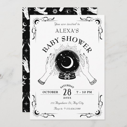 白黒魔法ムーンクリスタルボールベビーシャワー 招待状 (正面/裏面)