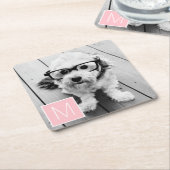 白黒1フォトコラージュカスタムモノグラム スクエアペーパーコースター (アングル)