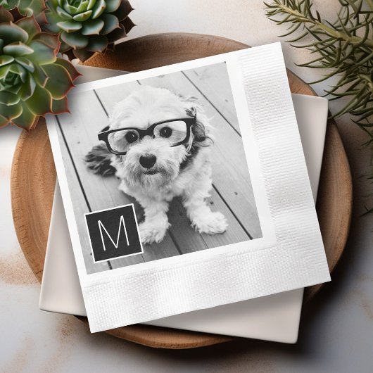 白黒1フォトコラージュカスタムモノグラム 縁ありカクテルナプキン