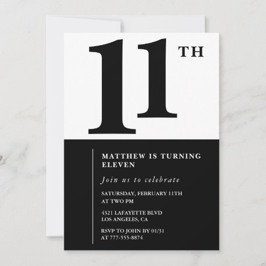 白黒11歳の誕生日の招待シンプル 招待状 (正面)