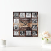 白黒12フォトコラージファミリー引用文ウッド スクエア壁時計 (ホーム)