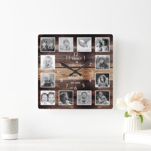 白黒12フォトコラージファミリー引用文ウッド スクエア壁時計 (ホーム)