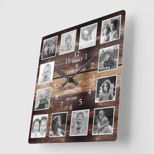 白黒12フォトコラージファミリー引用文ウッド スクエア壁時計 (傾斜)