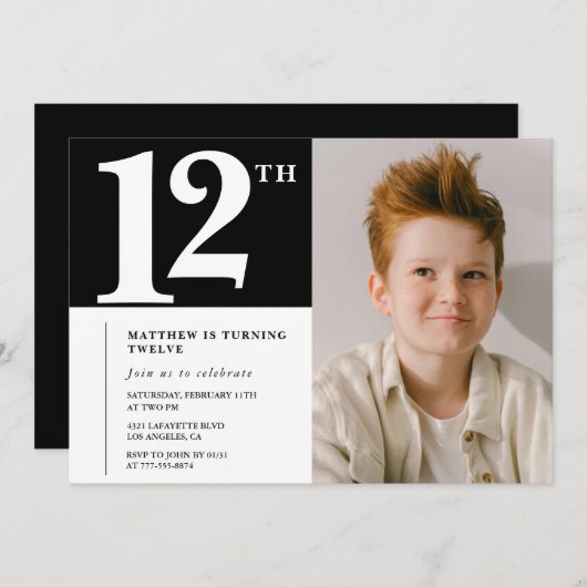 白黒12th誕生日の招待シック写真 招待状 (正面/裏面)
