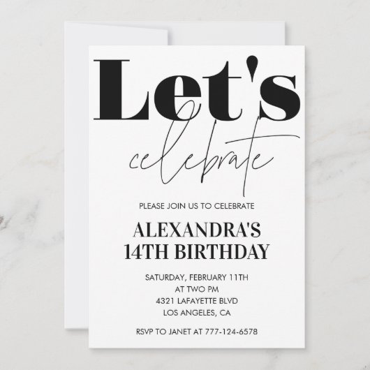 白黒14歳の誕生日の招待モダン 招待状 (正面)