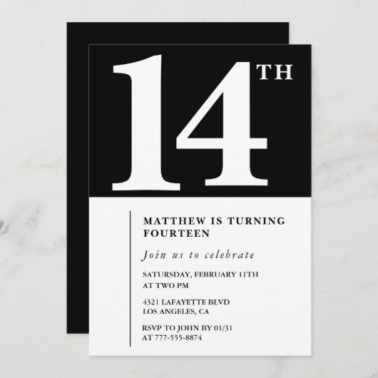 白黒14歳の誕生日の招待状シック 招待状 (正面/裏面)