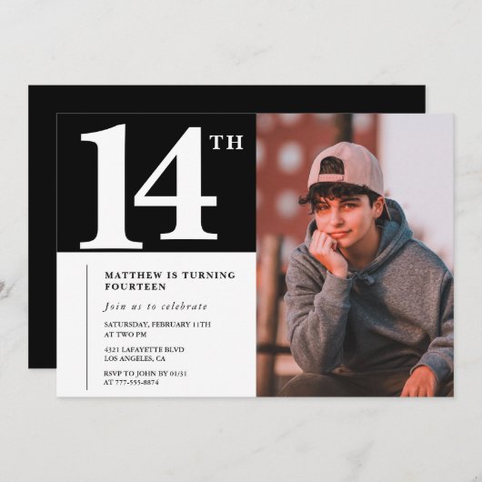 白黒14th誕生日の招待シック写真 招待状 (正面/裏面)
