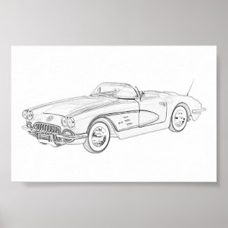 白黒1958シボイコルベットイラストレーション ポスター