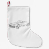 白黒1958年のChevyコルベットの鉛筆のスケッチ スモールクリスマスストッキング (正面)