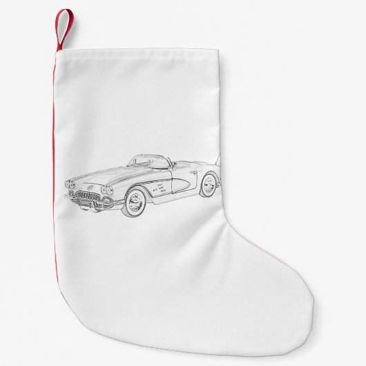 白黒1958年のChevyコルベットの鉛筆のスケッチ スモールクリスマスストッキング (正面)