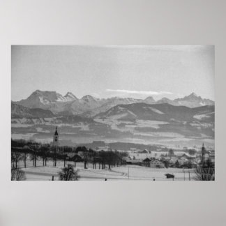 白黒1968ドイツ冬の町バイエルン ポスター