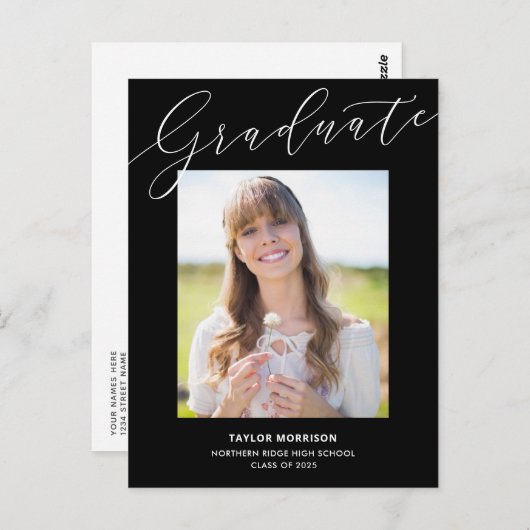 白黒2023エレガント写真卒業パーティー ポストカード (正面/裏面)