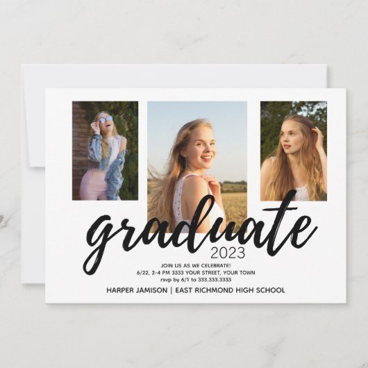 白黒2023卒業パーティー3枚の写真 招待状 (正面)