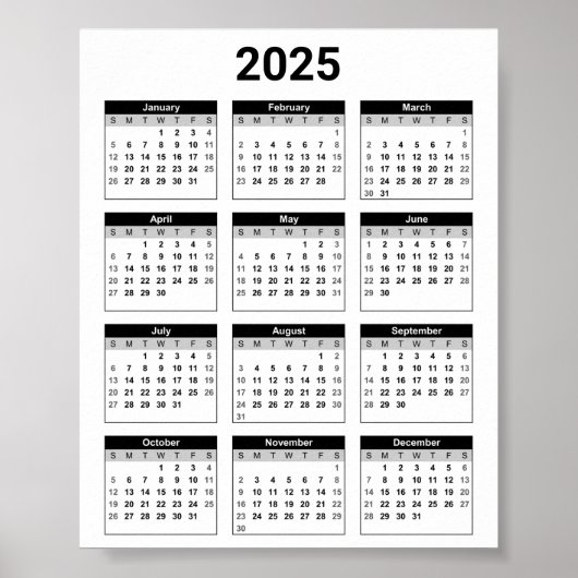 白黒2025年のカレンダー ポスター (正面)
