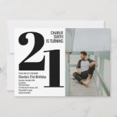 白黒21歳モダンの誕生日パーティー写真 招待状 (正面)