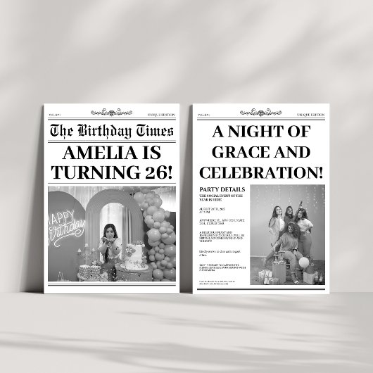 白黒26誕生日新聞写真 招待状