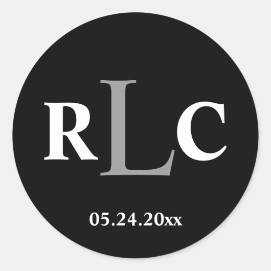 白黒3イニシャルモノグラム標識結婚式の引き出物 ラウンドシール (正面)