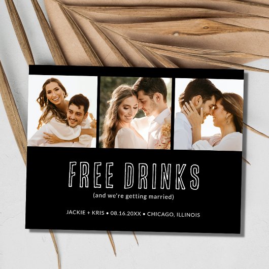 白黒3フォトウェディング日付を保存 案内ポストカード