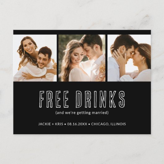 白黒3フォトウェディング日付を保存 案内ポストカード (正面)