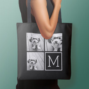 白黒3フォトコラージュカスタムモノグラム トートバッグ