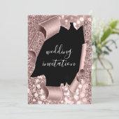 白黒3次元バラ金ゴールド結婚グリッター 招待状 (スタンド正面)