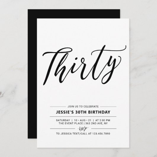 白黒30歳ミニマルの誕生日パーティー 招待状 (正面/裏面)