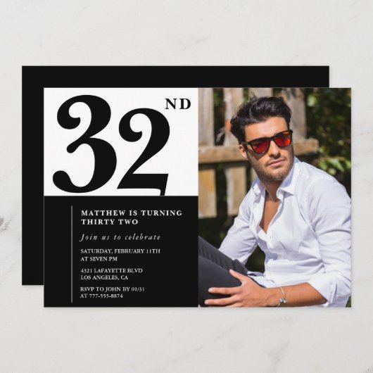 白黒32番目の誕生日招待状写真 招待状 (正面/裏面)