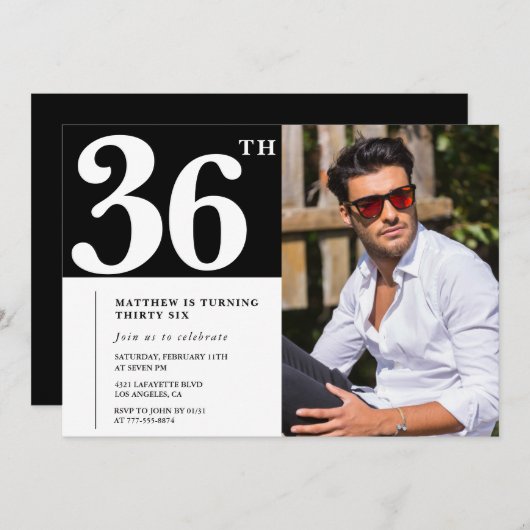 白黒36歳の誕生日招待状写真 招待状 (正面/裏面)