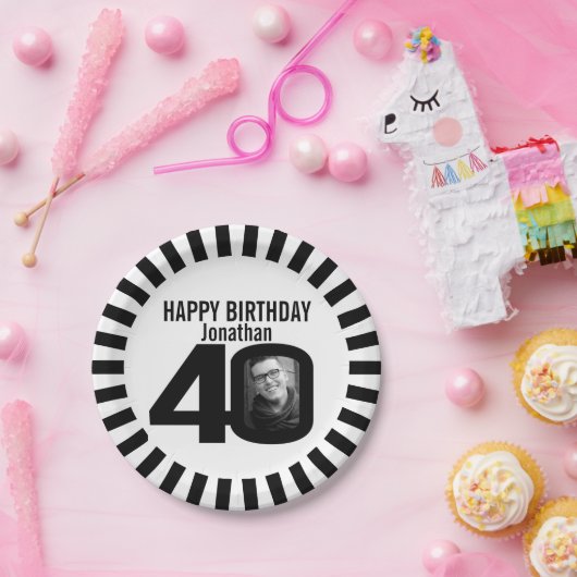 白黒40歳の誕生日の写真とストライプ ペーパープレート (パーティー)
