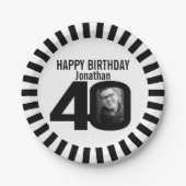 白黒40歳の誕生日の写真とストライプ ペーパープレート (正面)