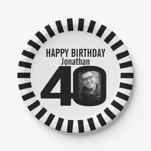 白黒40歳の誕生日の写真とストライプ ペーパープレート (正面)
