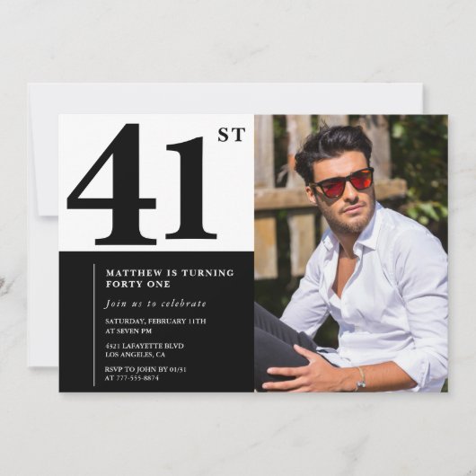 白黒41誕生日招待状写真 招待状 (正面)