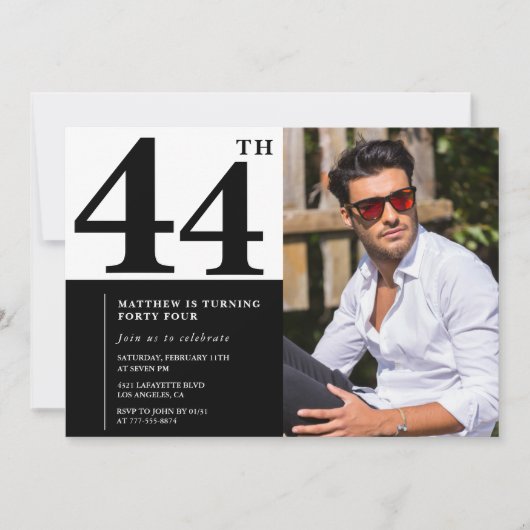 白黒44誕生日招待状写真 招待状 (正面)