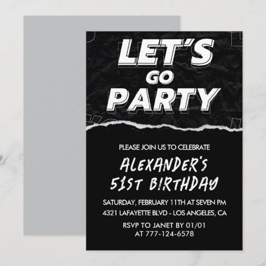白黒51歳の誕生日招待状メンズ 招待状 (正面/裏面)