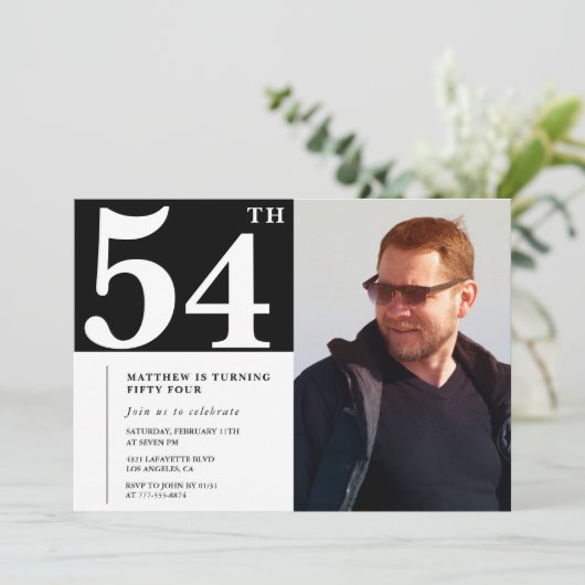 白黒54歳の誕生日招待状写真 招待状 (スタンド正面)
