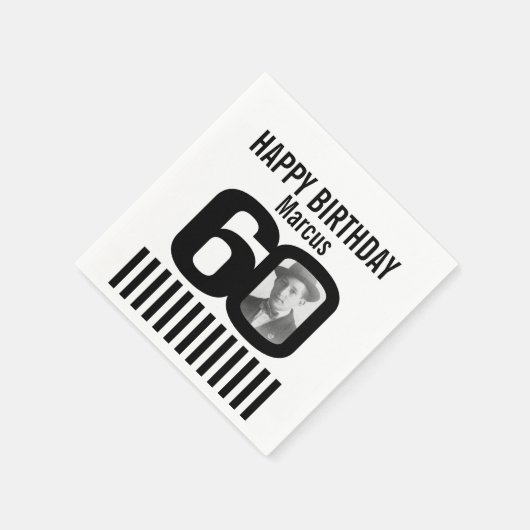 白黒60歳の誕生日ストライプ写真ナプキン スタンダードカクテルナプキン (角)