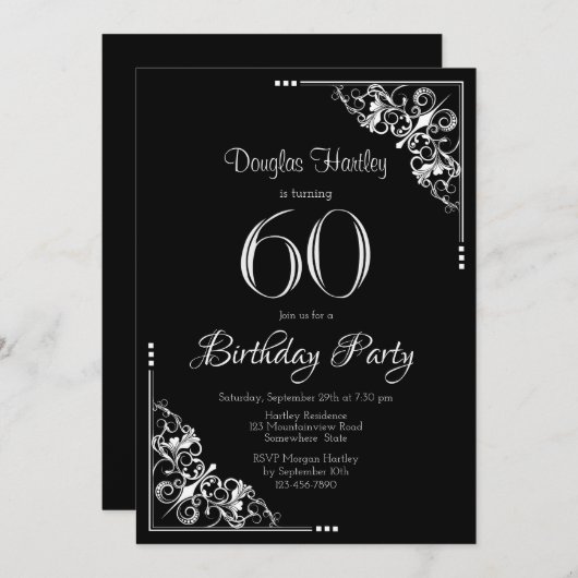 白黒60歳の誕生日パーティー 招待状 (正面/裏面)
