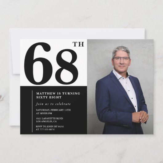 白黒68誕生日招待状写真 招待状 (正面)