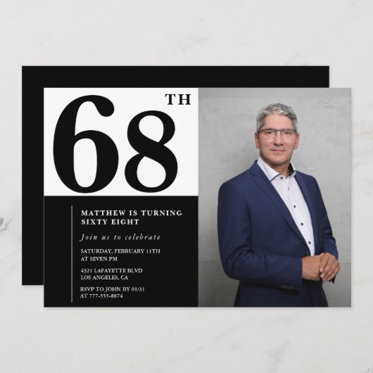 白黒68誕生日招待状写真 招待状 (正面/裏面)