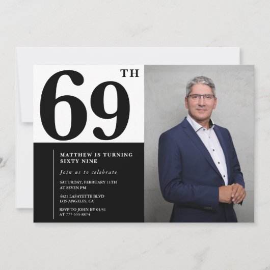 白黒69歳の誕生日招待状の写真 招待状 (正面)