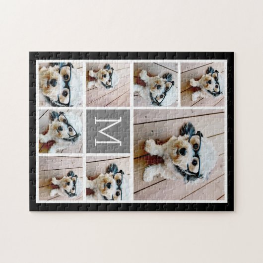 白黒8フォトコラージュ – クラシックモノグラム ジグソーパズル (横)