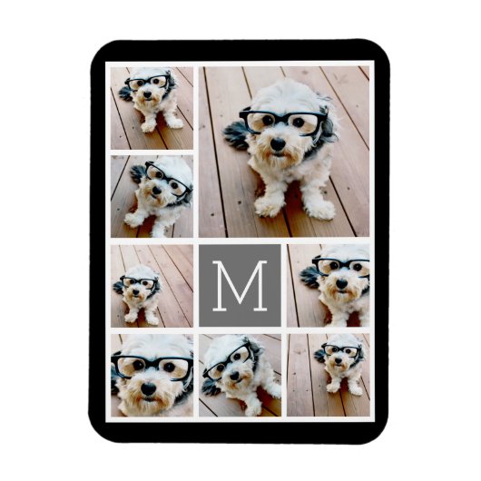 白黒8フォトコラージュ – モノグラム付き マグネット (縦)